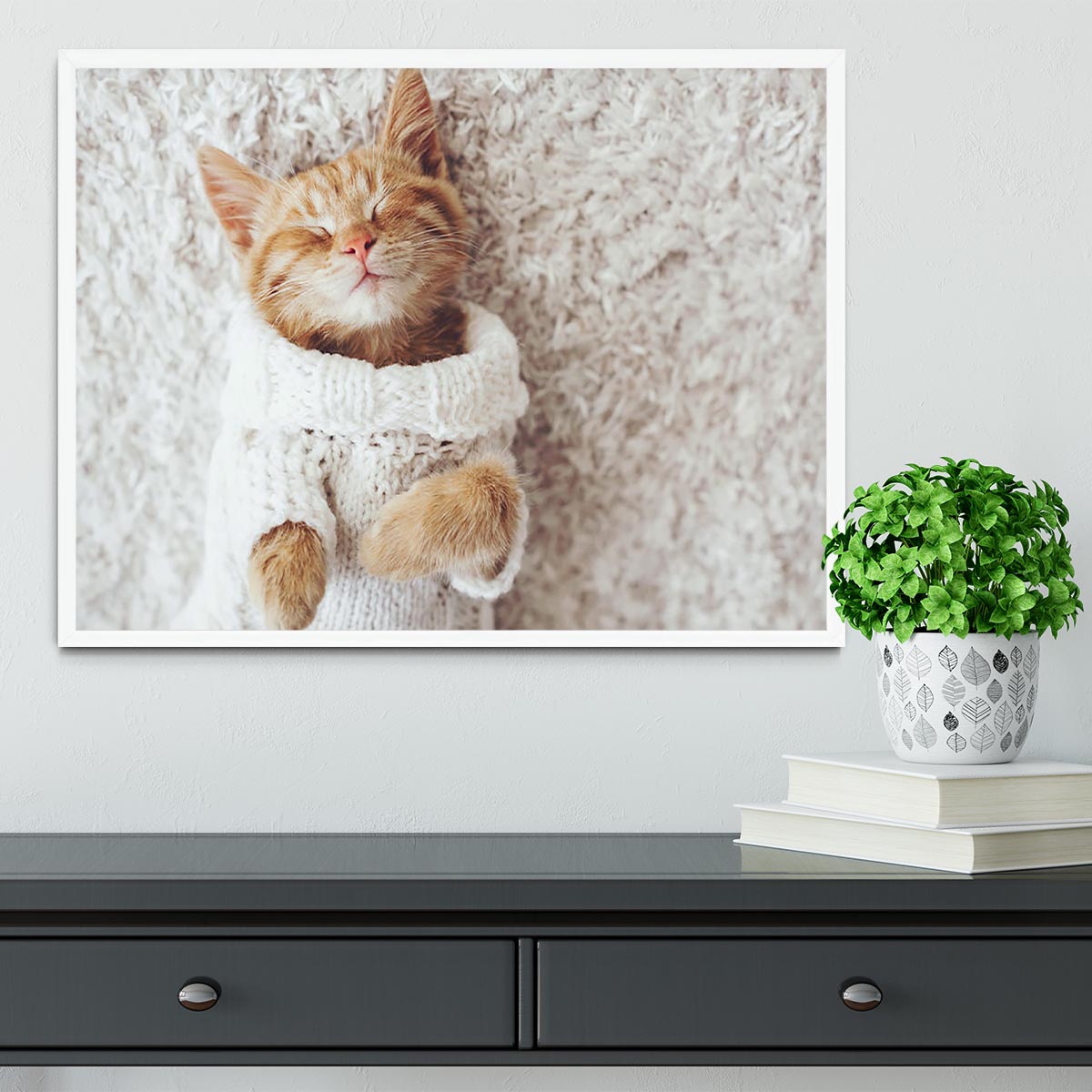 Cute little ginger kitten wearing warm knitted sweater Framed Print - Canvas Art Rocks -6