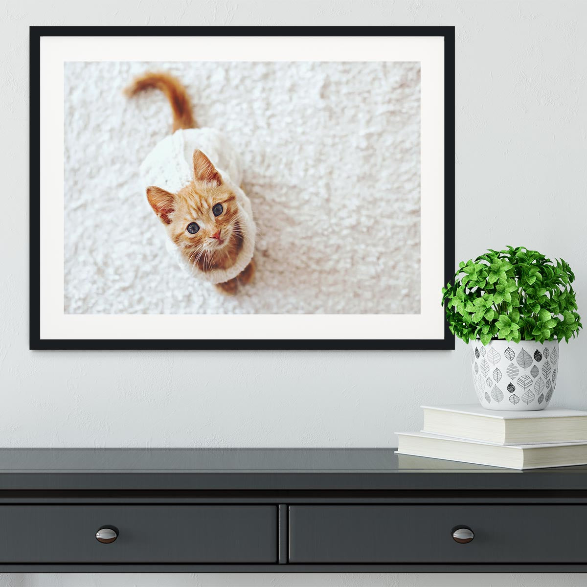 Cute little kitten wearing warm knitted sweater Framed Print - Canvas Art Rocks - 1