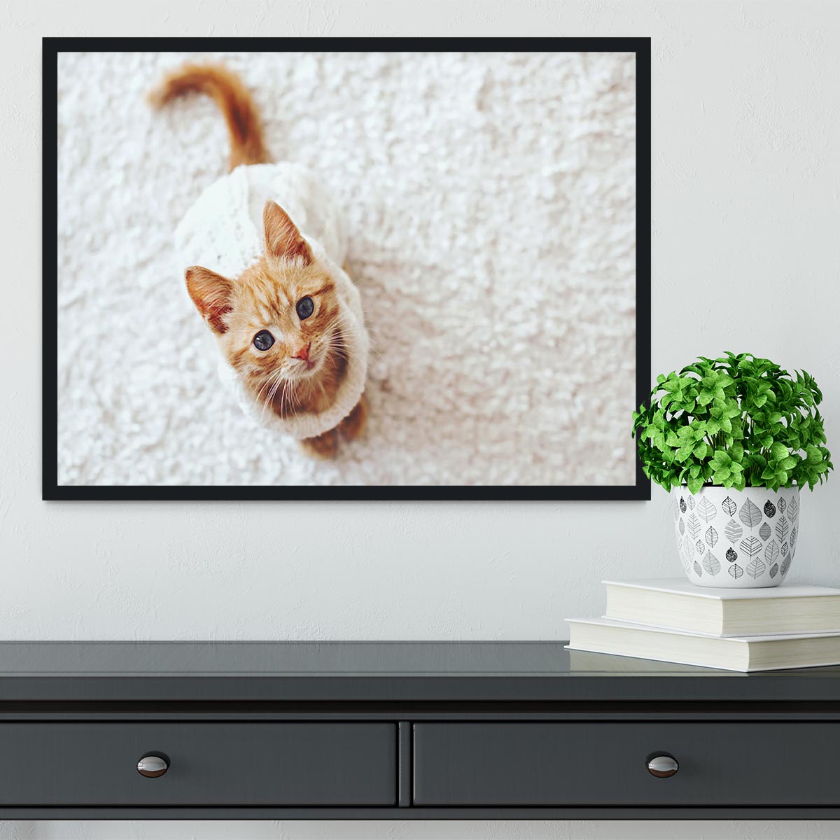 Cute little kitten wearing warm knitted sweater Framed Print - Canvas Art Rocks - 2
