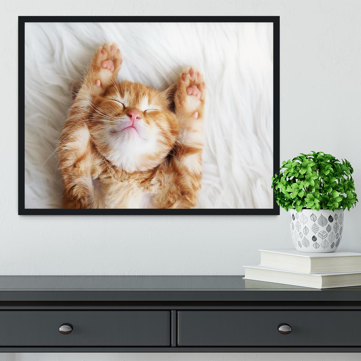 Cute little red kitten sleeps on fur white blanket Framed Print - Canvas Art Rocks - 2