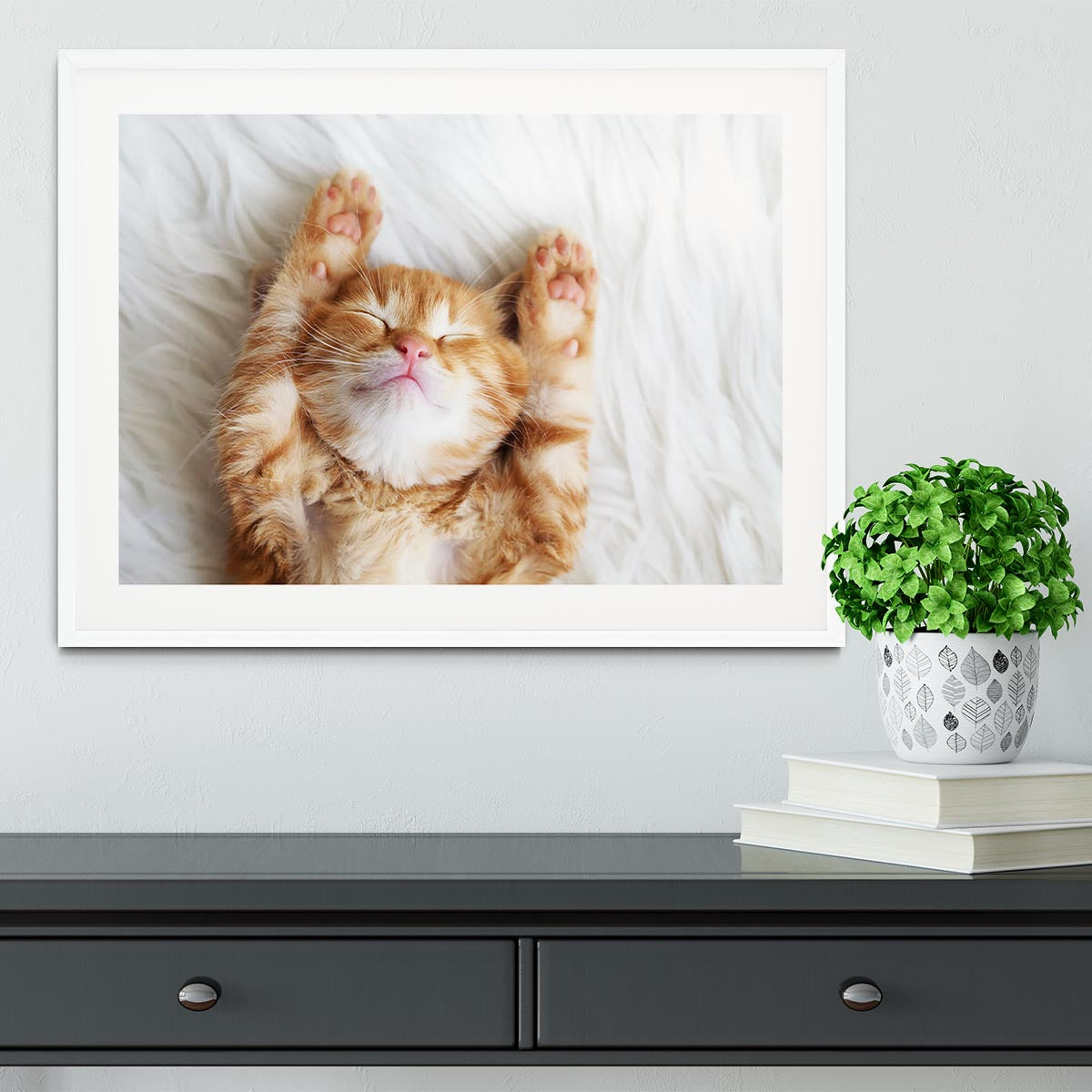 Cute little red kitten sleeps on fur white blanket Framed Print - Canvas Art Rocks - 5