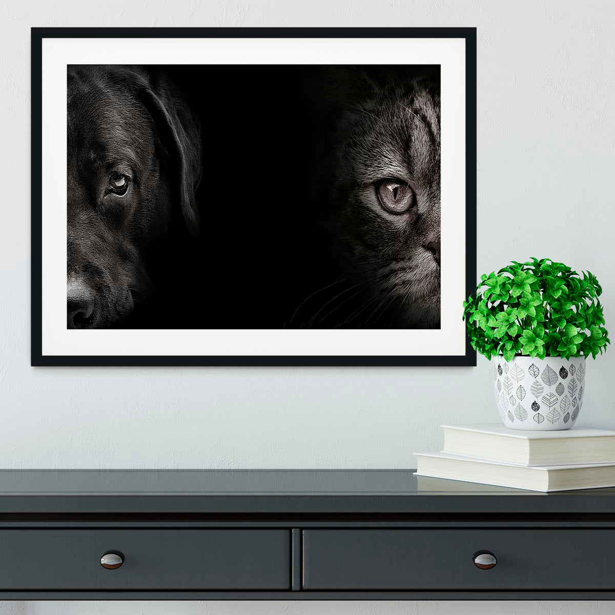 Dark muzzle labrador dog and cat Framed Print - Canvas Art Rocks - 1