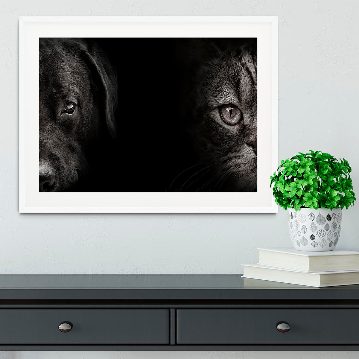 Dark muzzle labrador dog and cat Framed Print - Canvas Art Rocks - 5