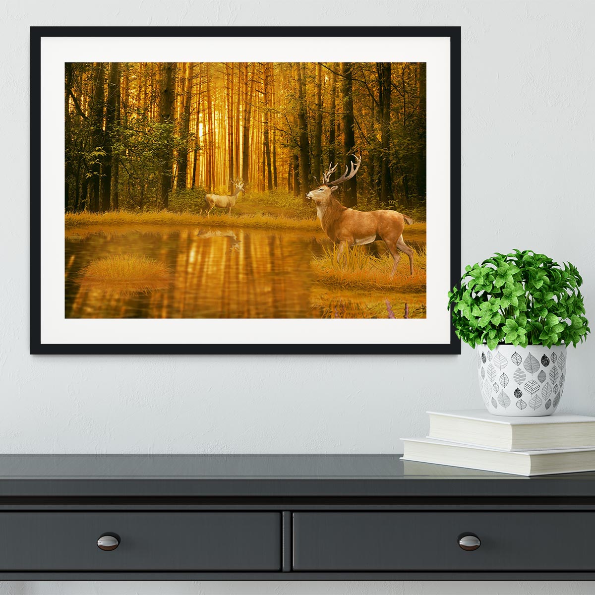 Deer Bucks in summer sunset Framed Print - Canvas Art Rocks - 1