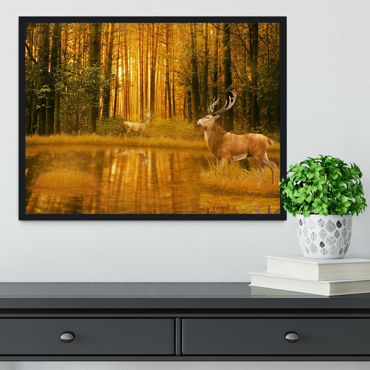 Deer Bucks in summer sunset Framed Print - Canvas Art Rocks - 2