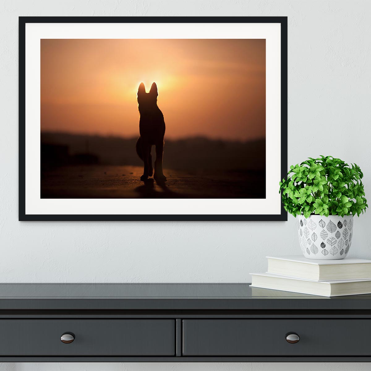 Dog backlight silhouette in sunset Framed Print - Canvas Art Rocks - 1