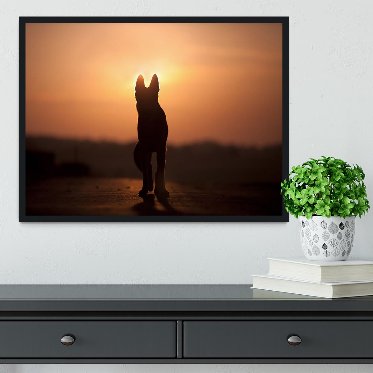 Dog backlight silhouette in sunset Framed Print - Canvas Art Rocks - 2