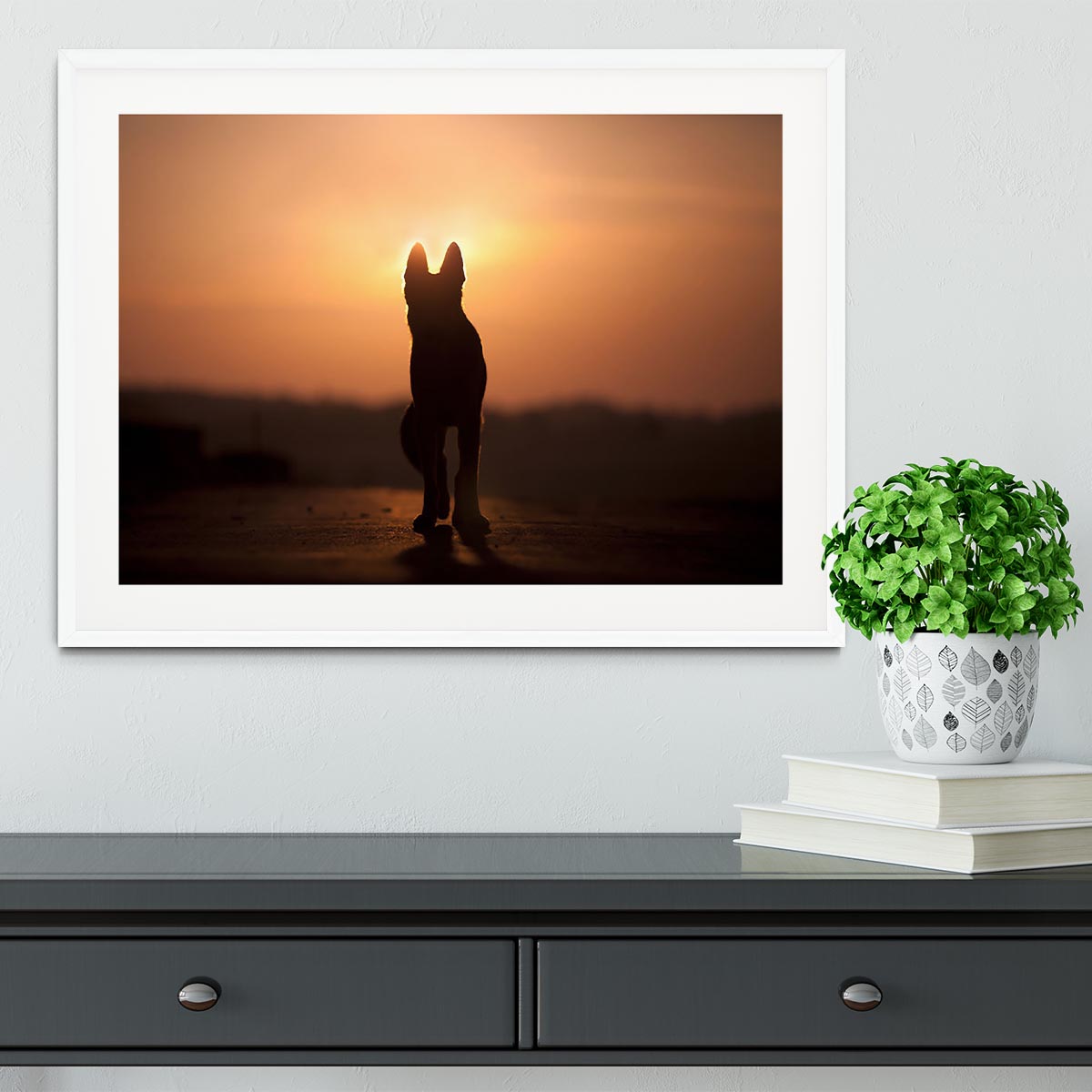 Dog backlight silhouette in sunset Framed Print - Canvas Art Rocks - 5