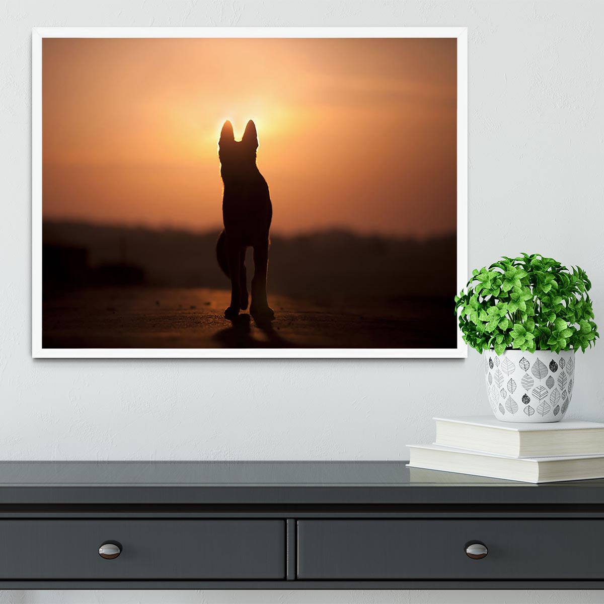 Dog backlight silhouette in sunset Framed Print - Canvas Art Rocks -6
