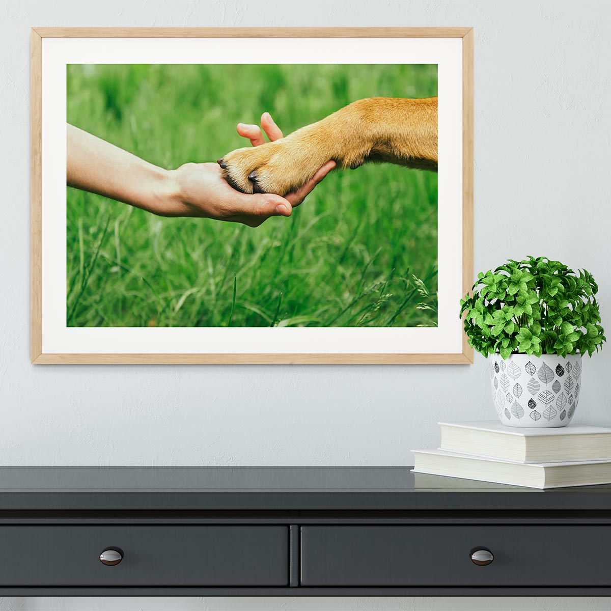 Dog paw and human hand are doing handshake Framed Print - Canvas Art Rocks - 3