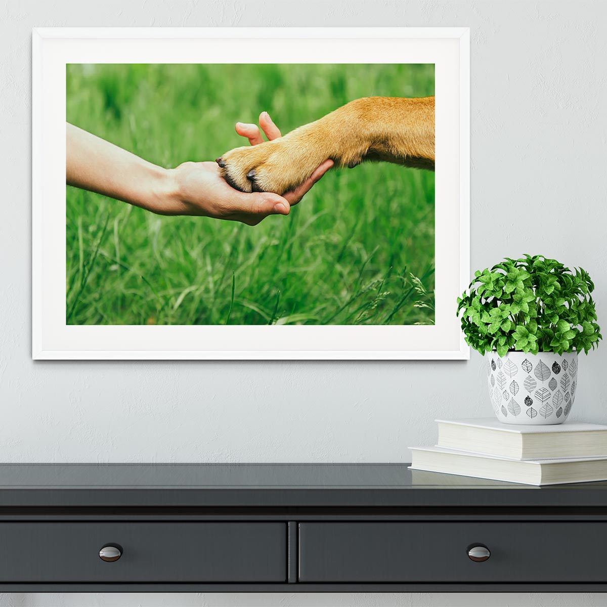 Dog paw and human hand are doing handshake Framed Print - Canvas Art Rocks - 5