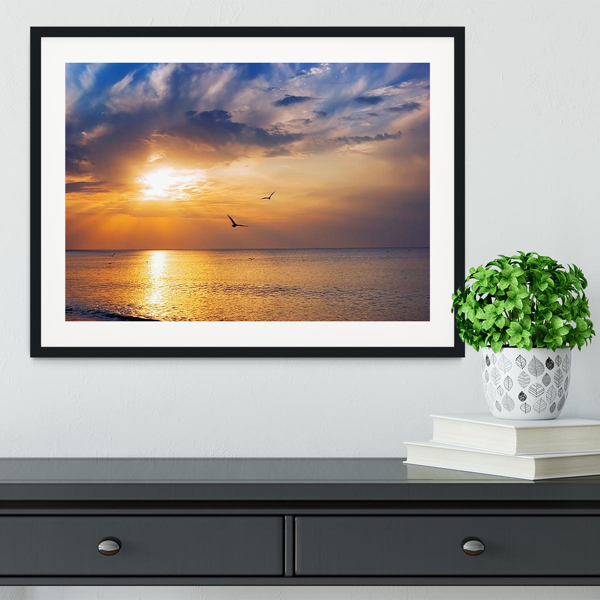 Early morning sunrise over the sea and a birds Framed Print - Canvas Art Rocks - 1