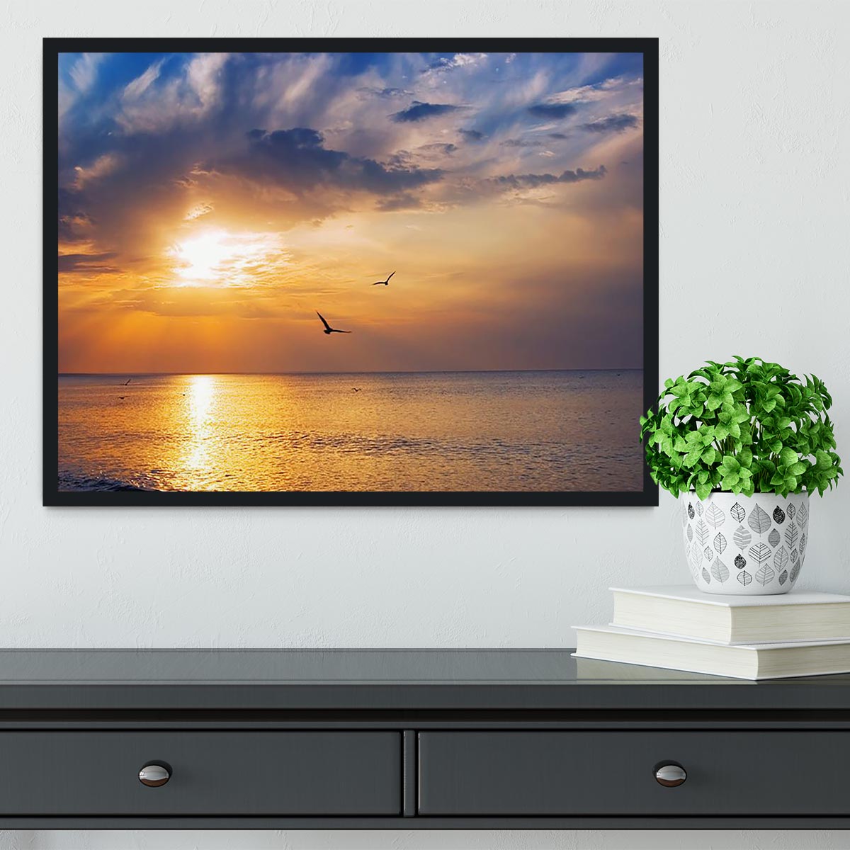 Early morning sunrise over the sea and a birds Framed Print - Canvas Art Rocks - 2