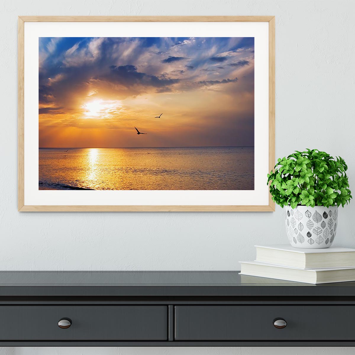 Early morning sunrise over the sea and a birds Framed Print - Canvas Art Rocks - 3