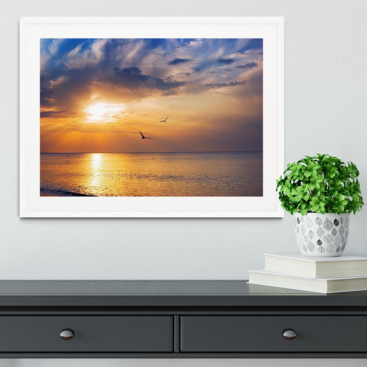 Early morning sunrise over the sea and a birds Framed Print - Canvas Art Rocks - 5