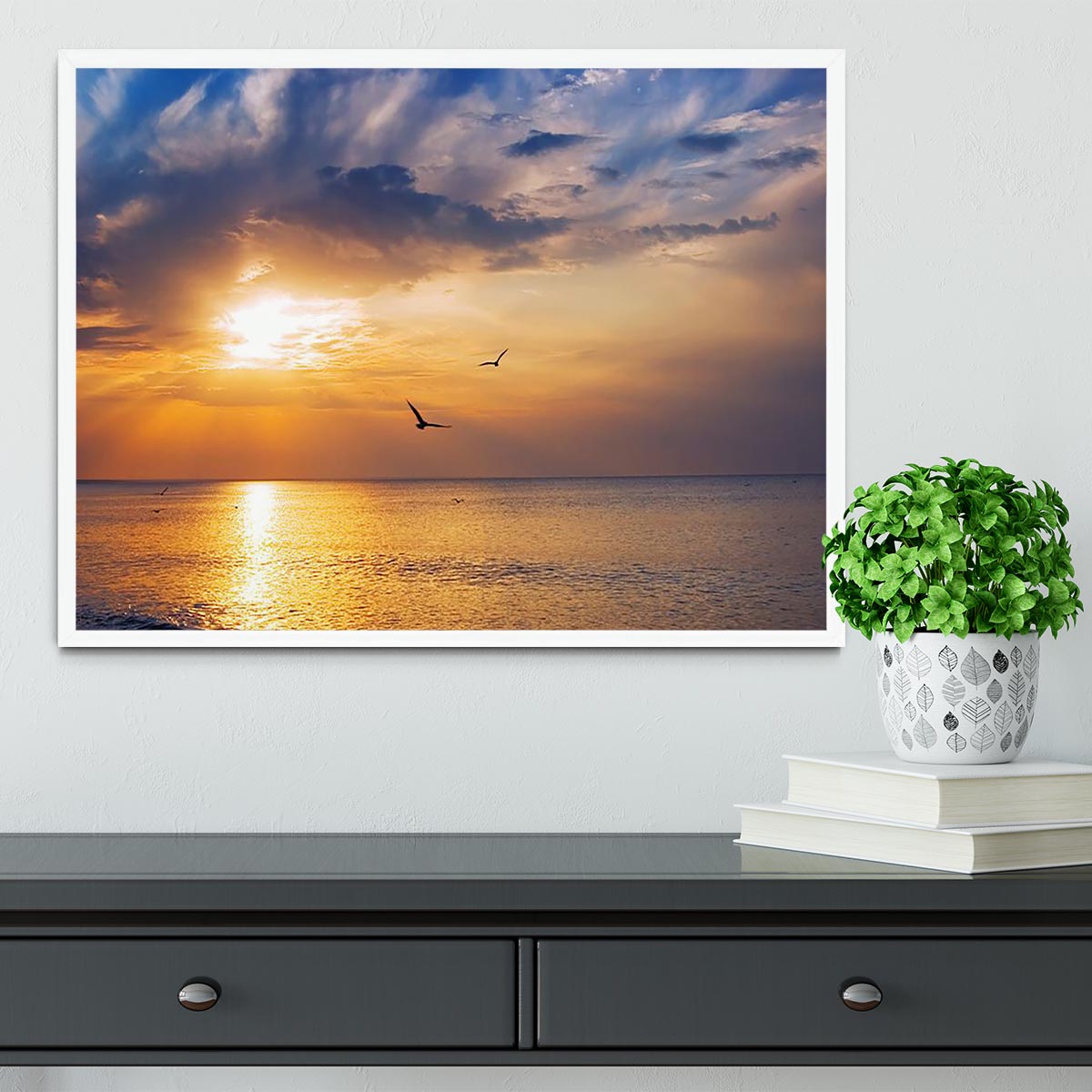 Early morning sunrise over the sea and a birds Framed Print - Canvas Art Rocks -6