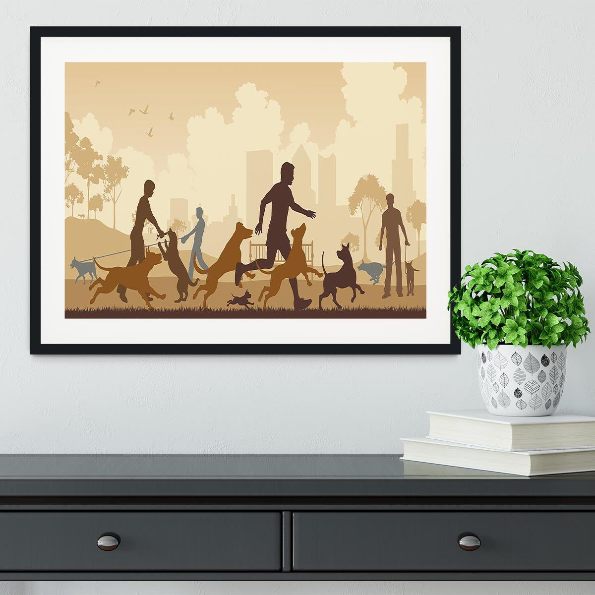 Editable vector illustration of dogs and their owners in a park Framed Print - Canvas Art Rocks - 1