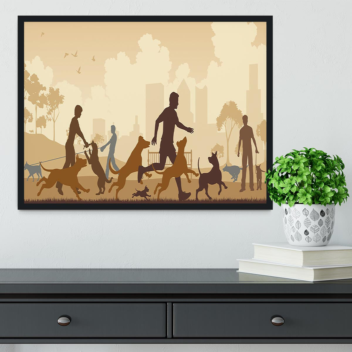Editable vector illustration of dogs and their owners in a park Framed Print - Canvas Art Rocks - 2