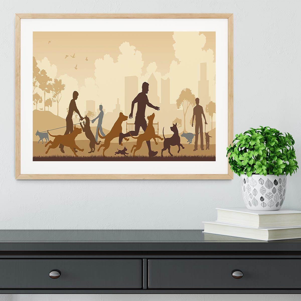 Editable vector illustration of dogs and their owners in a park Framed Print - Canvas Art Rocks - 3