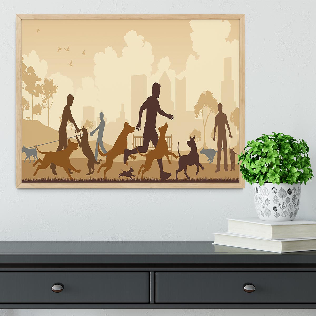 Editable vector illustration of dogs and their owners in a park Framed Print - Canvas Art Rocks - 4