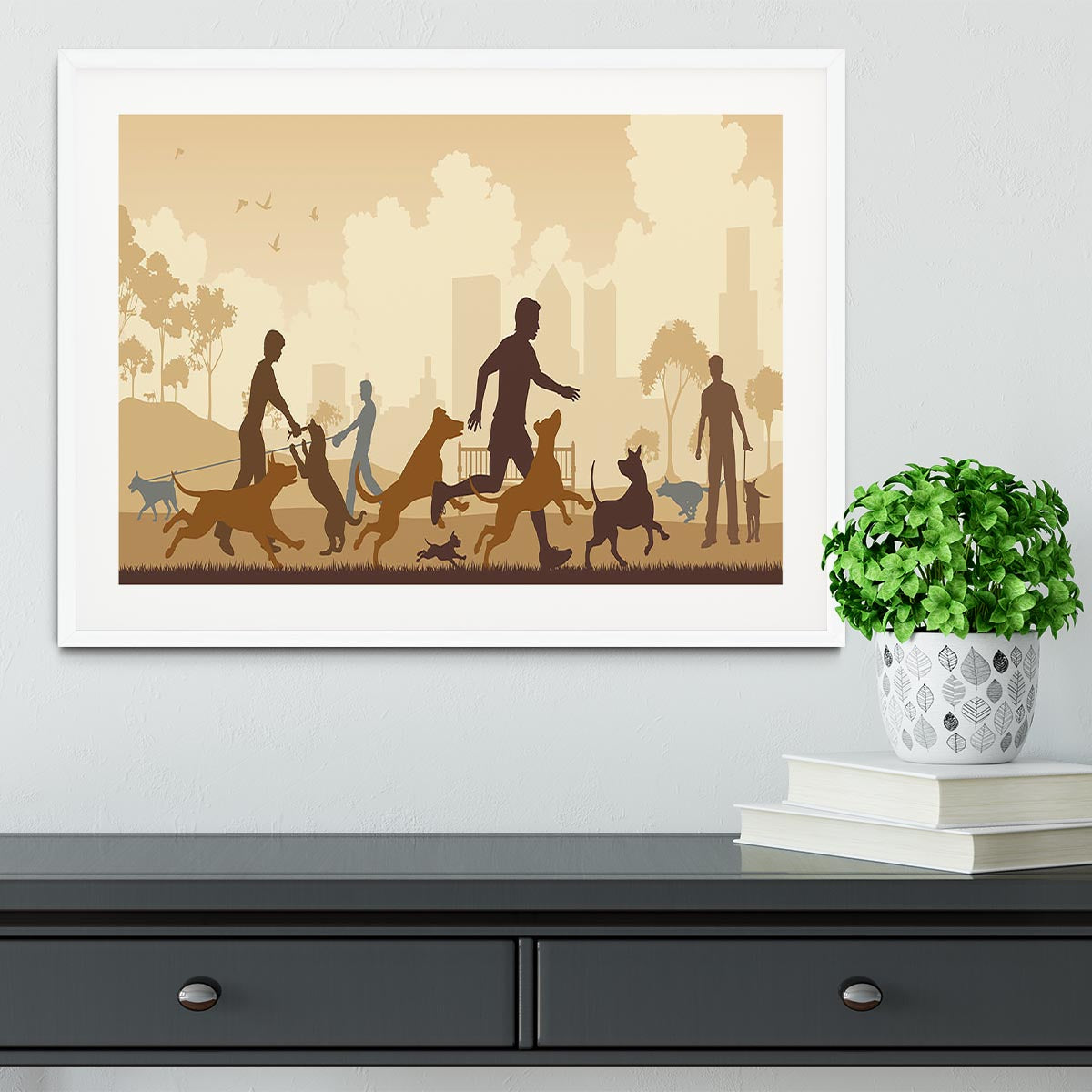 Editable vector illustration of dogs and their owners in a park Framed Print - Canvas Art Rocks - 5