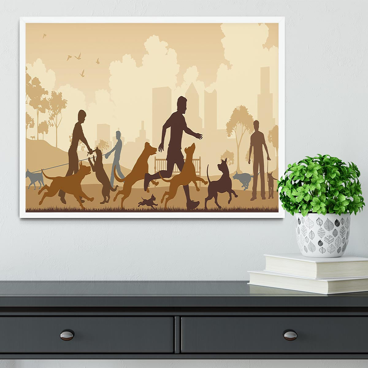 Editable vector illustration of dogs and their owners in a park Framed Print - Canvas Art Rocks -6