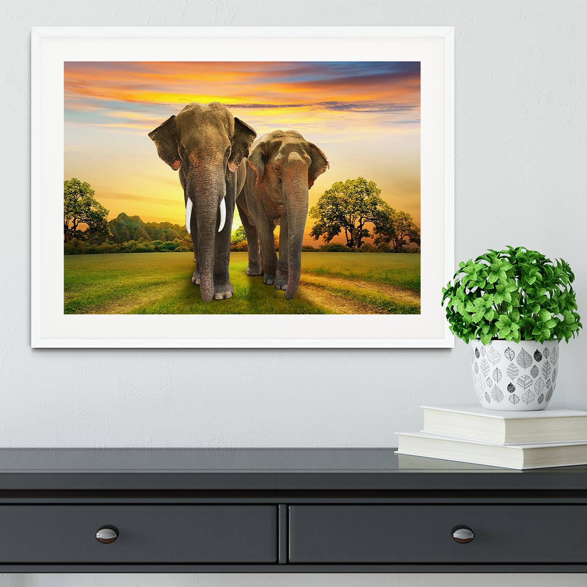Elephant family on sunset Framed Print - Canvas Art Rocks - 5
