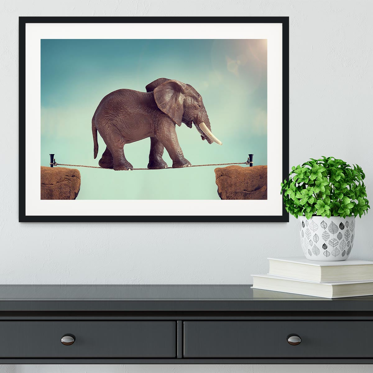 Elephant on a tightrope Framed Print - Canvas Art Rocks - 1