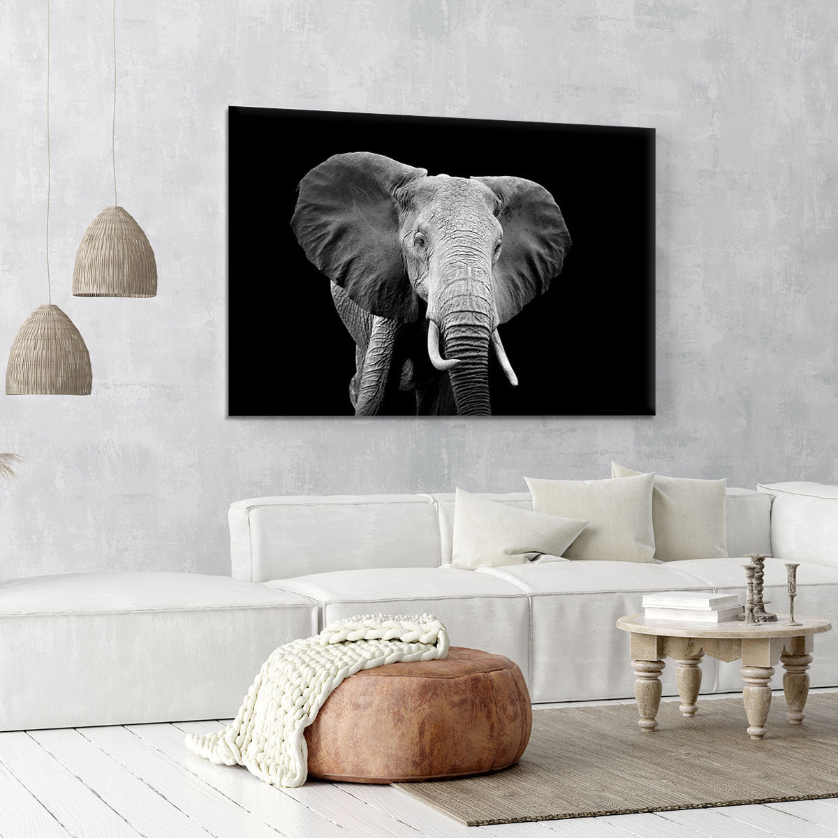 Elephant on dark background. Black and white image Canvas Print or Poster - Canvas Art Rocks - 6