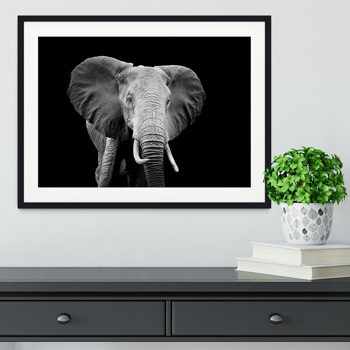 Elephant on dark background. Black and white image Framed Print - Canvas Art Rocks - 1