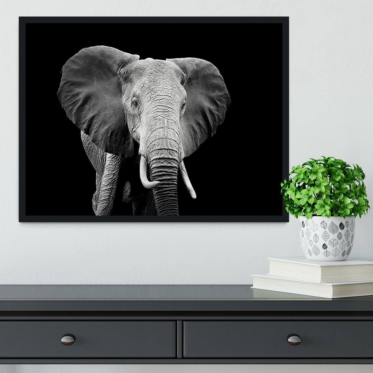 Elephant on dark background. Black and white image Framed Print - Canvas Art Rocks - 2