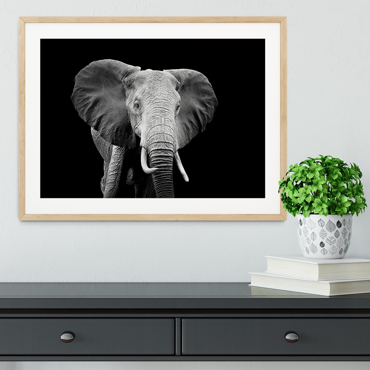 Elephant on dark background. Black and white image Framed Print - Canvas Art Rocks - 3