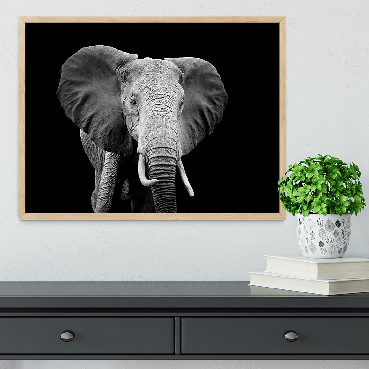 Elephant on dark background. Black and white image Framed Print - Canvas Art Rocks - 4