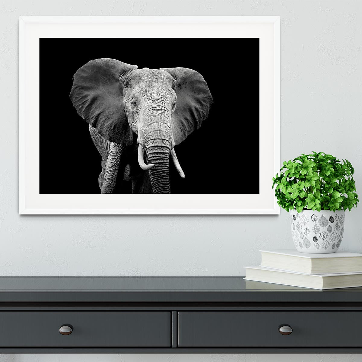 Elephant on dark background. Black and white image Framed Print - Canvas Art Rocks - 5