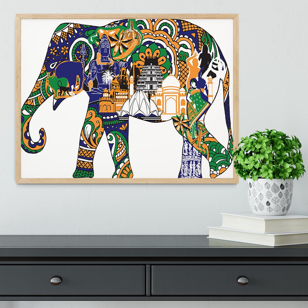 Elephant with Indian symbols Framed Print - Canvas Art Rocks - 4