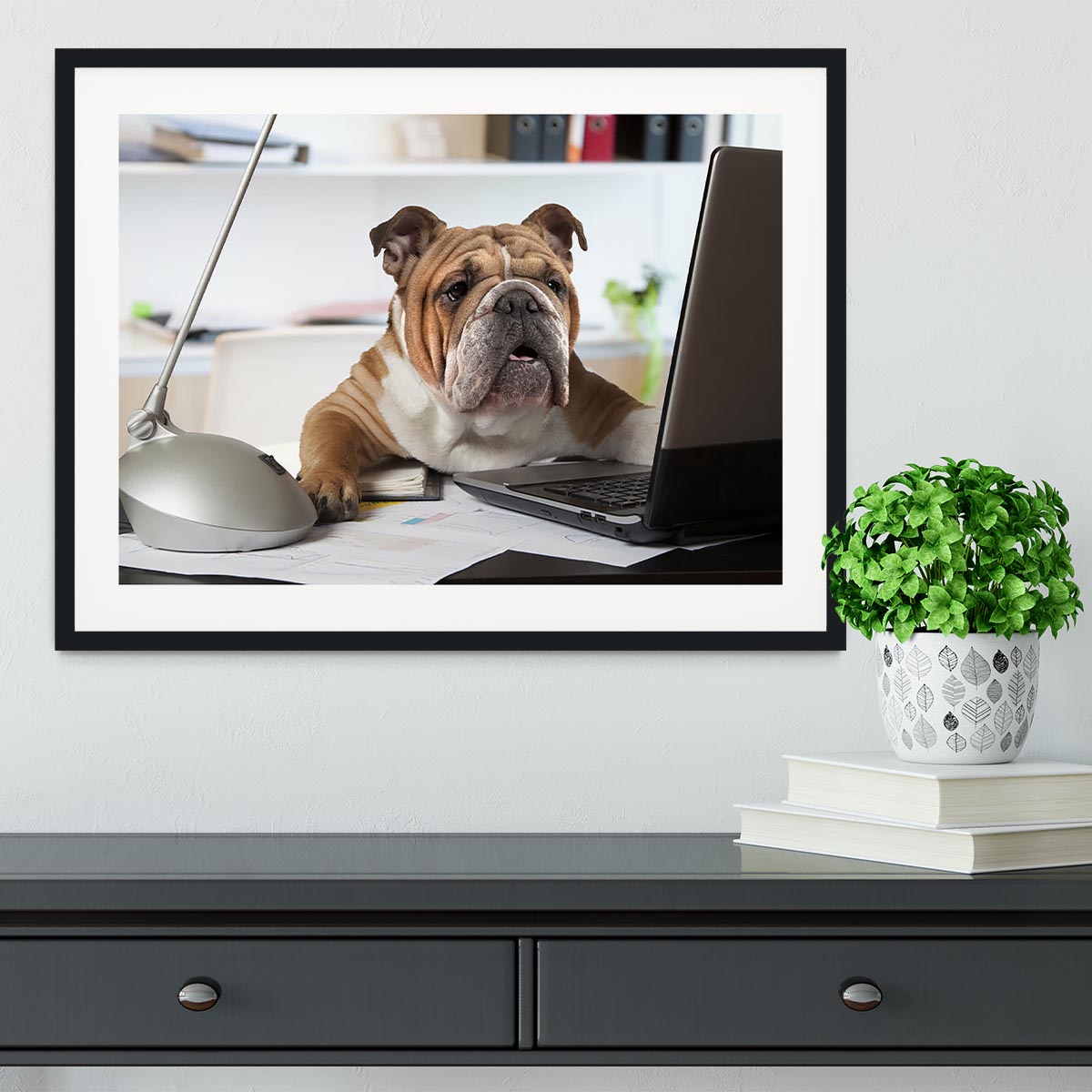English Bulldog sitting at a desk Framed Print - Canvas Art Rocks - 1