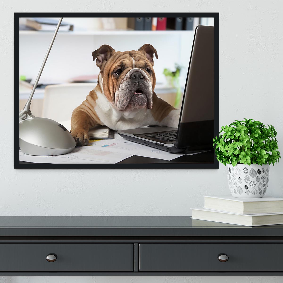 English Bulldog sitting at a desk Framed Print - Canvas Art Rocks - 2