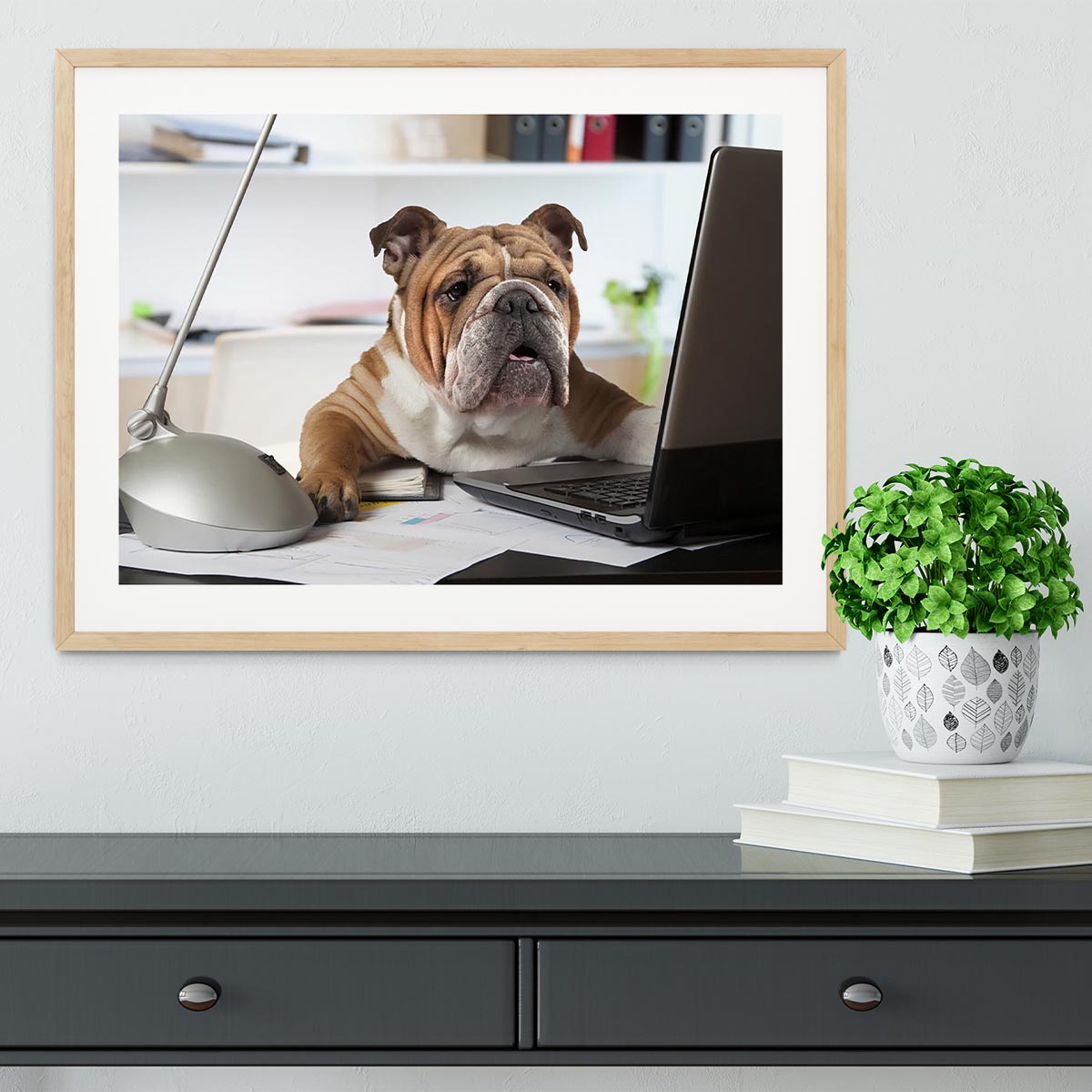 English Bulldog sitting at a desk Framed Print - Canvas Art Rocks - 3