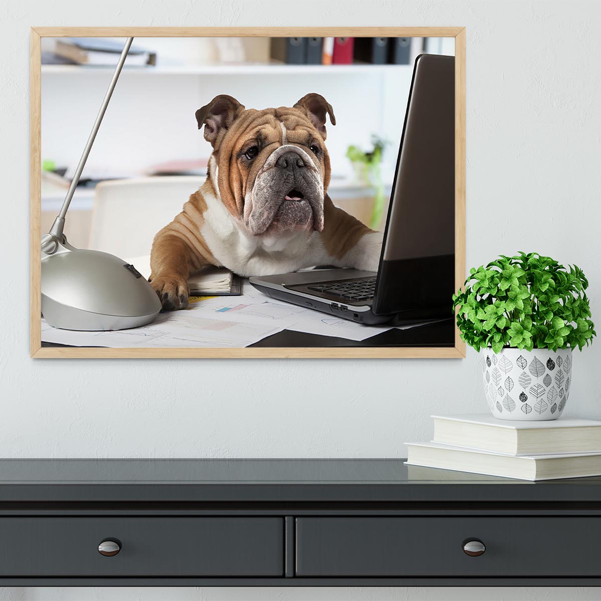 English Bulldog sitting at a desk Framed Print - Canvas Art Rocks - 4