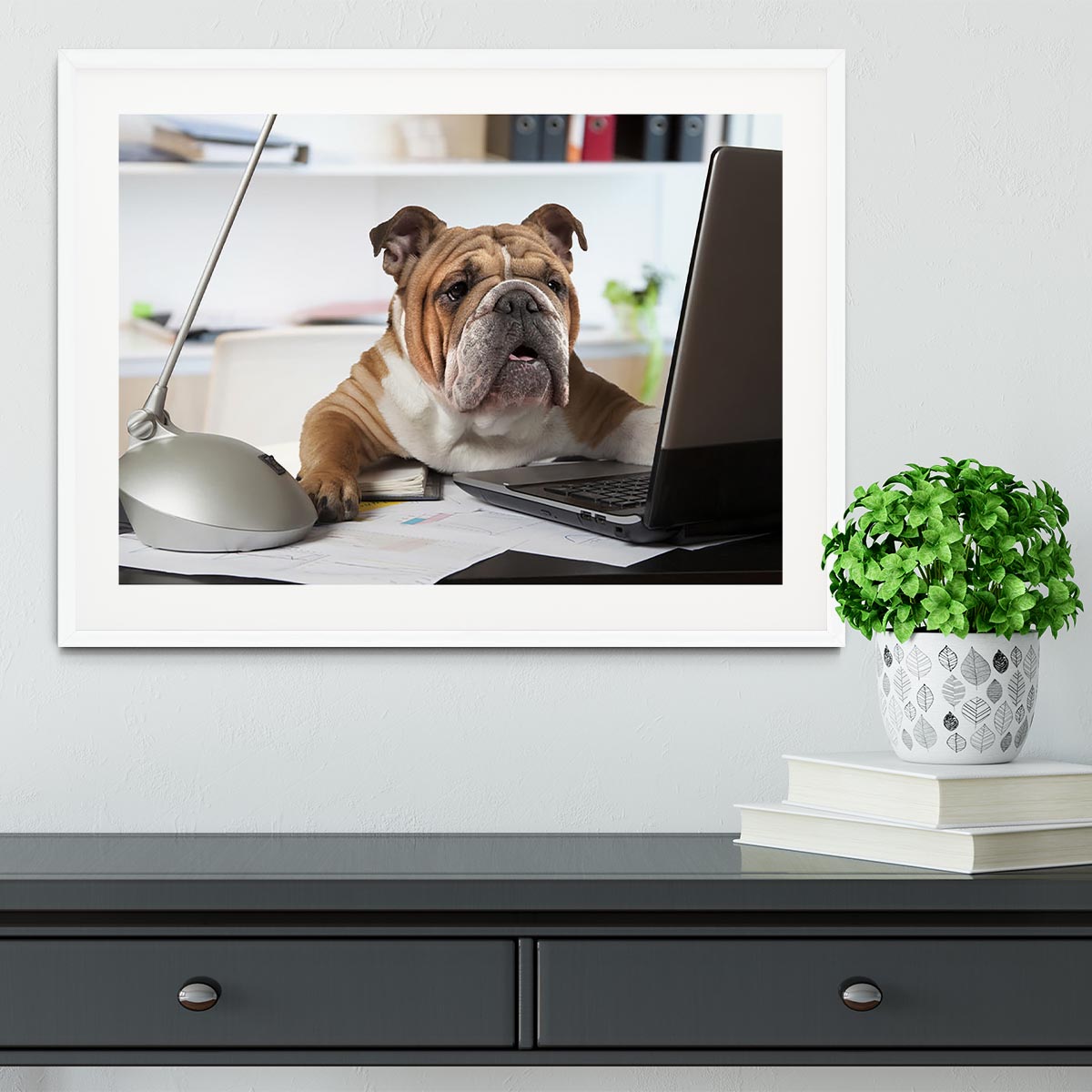 English Bulldog sitting at a desk Framed Print - Canvas Art Rocks - 5