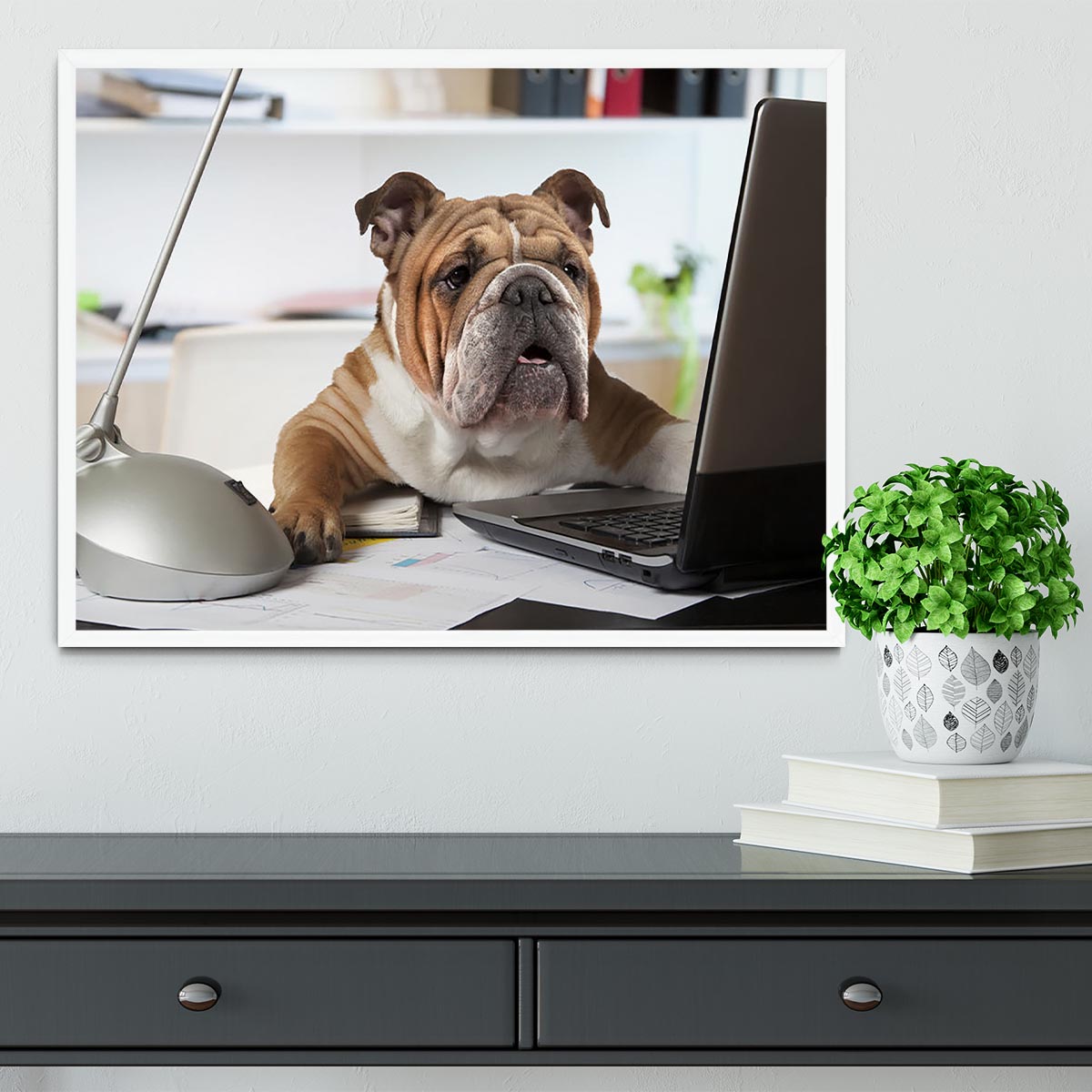 English Bulldog sitting at a desk Framed Print - Canvas Art Rocks -6
