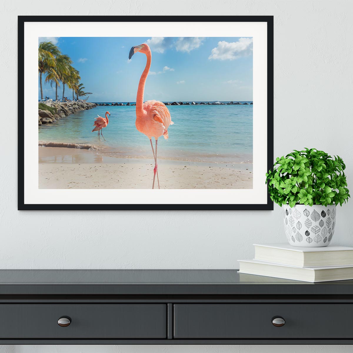 Flamingos on the Aruba beach Framed Print - Canvas Art Rocks - 1