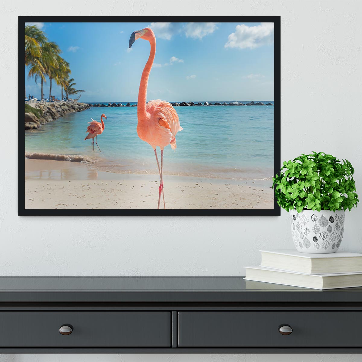 Flamingos on the Aruba beach Framed Print - Canvas Art Rocks - 2