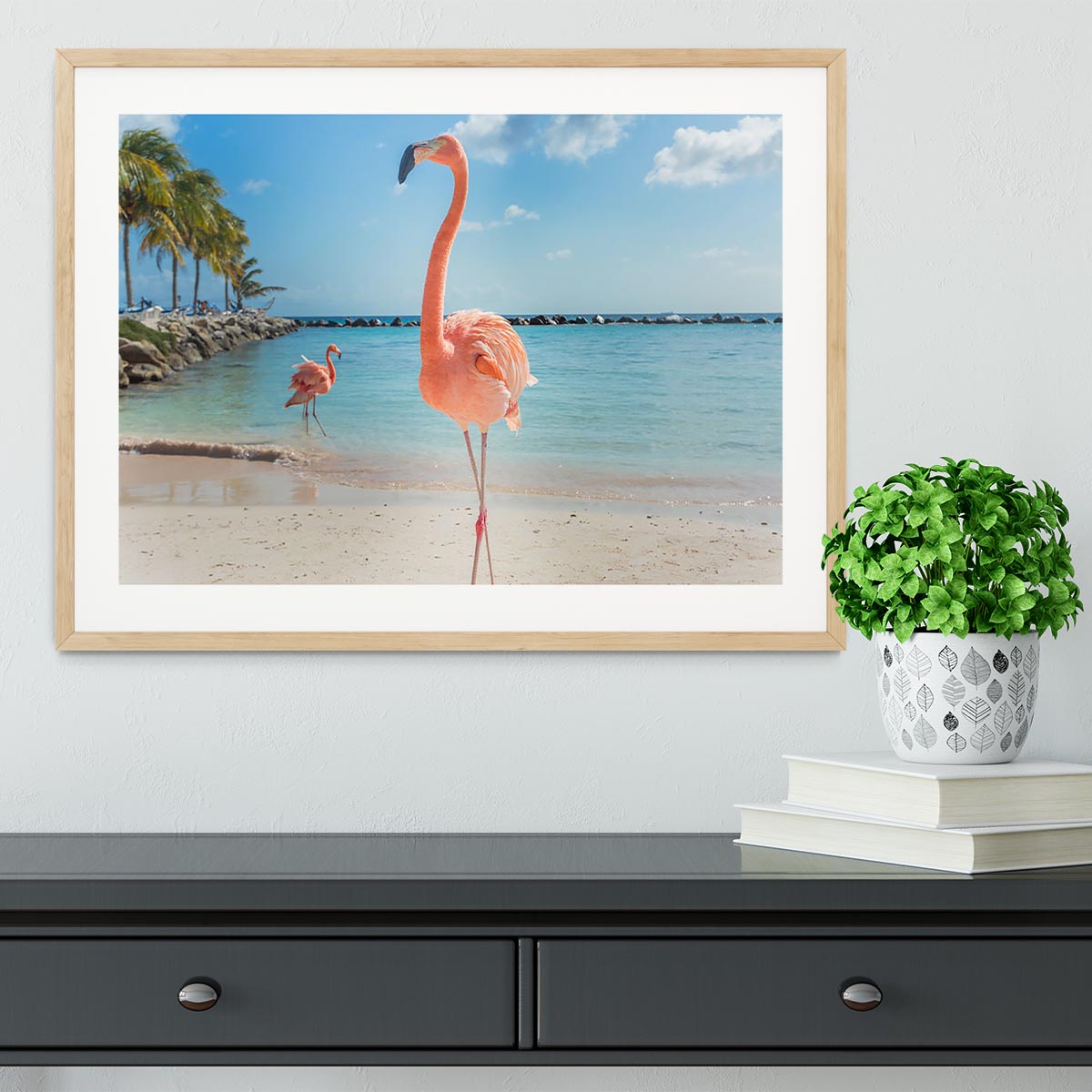 Flamingos on the Aruba beach Framed Print - Canvas Art Rocks - 3
