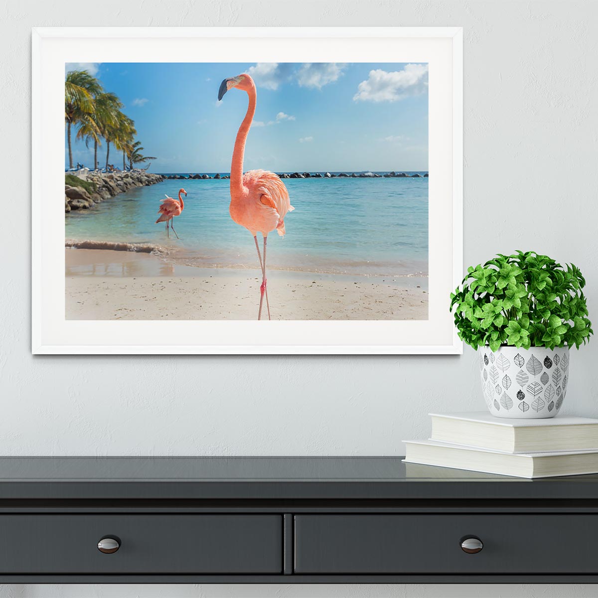 Flamingos on the Aruba beach Framed Print - Canvas Art Rocks - 5