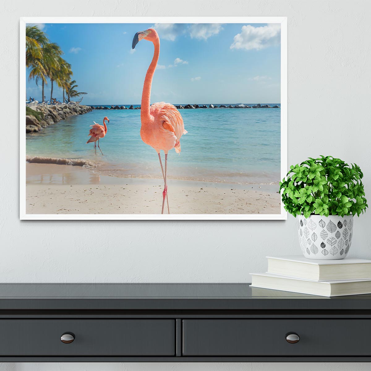 Flamingos on the Aruba beach Framed Print - Canvas Art Rocks -6