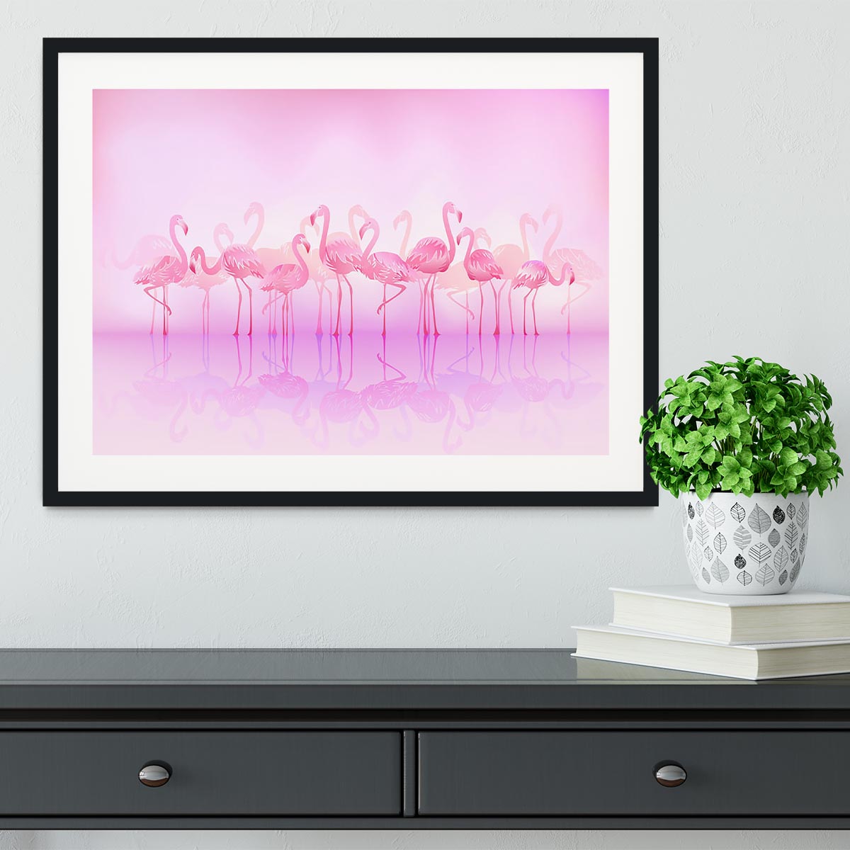 Flock of caribbean flamingos over a lake Framed Print - Canvas Art Rocks - 1