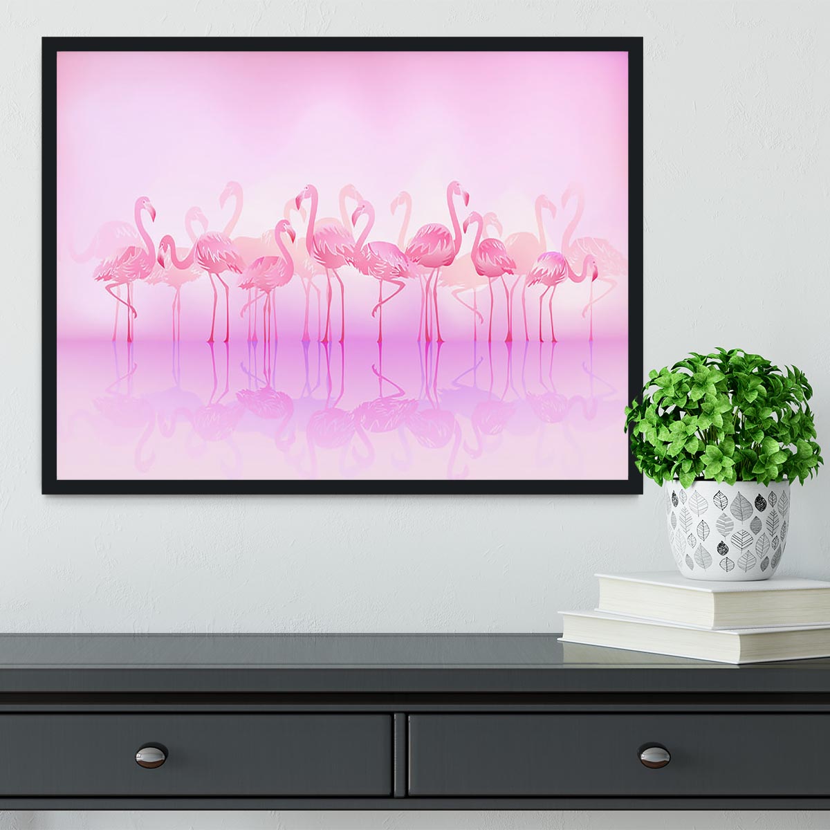 Flock of caribbean flamingos over a lake Framed Print - Canvas Art Rocks - 2