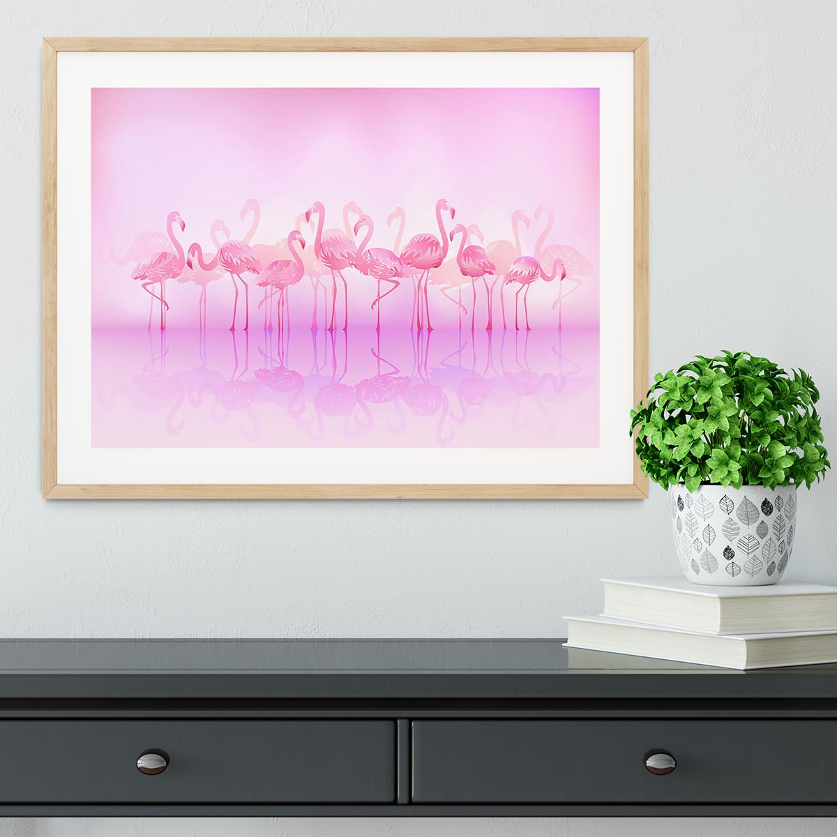Flock of caribbean flamingos over a lake Framed Print - Canvas Art Rocks - 3