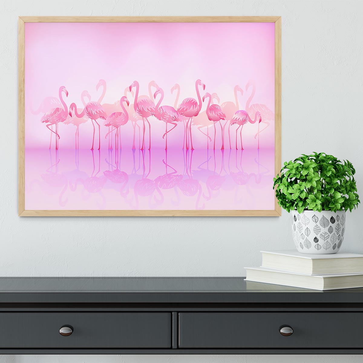 Flock of caribbean flamingos over a lake Framed Print - Canvas Art Rocks - 4